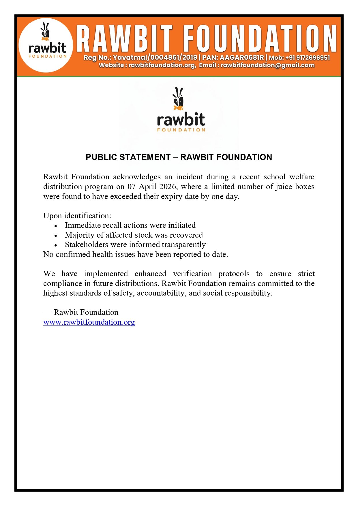 PUBLIC STATEMENT – RAWBIT FOUNDATION